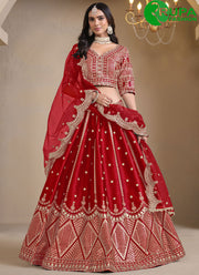 Outstanding Red Color Art Silk with Embroidered and Mirror Work Lehenga Choli